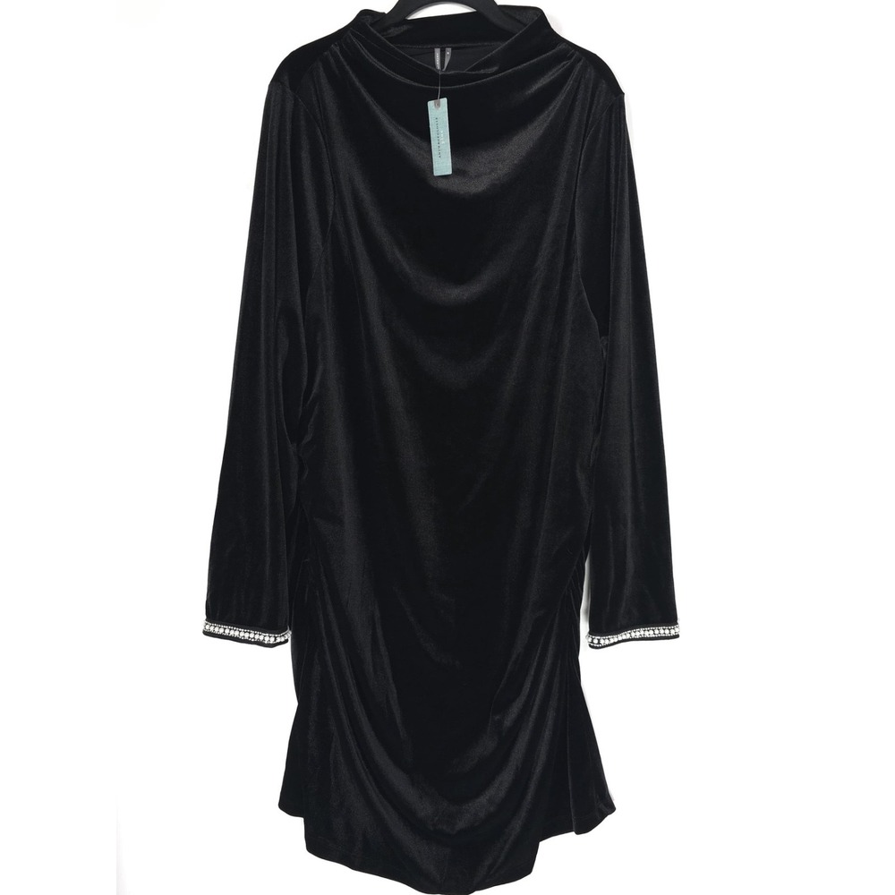 ANTHROPOLOGIE Women New Mini Dress 3X Plus Maya Ruched Cowl Neck Shine Cuff Mesh - Picture 3 of 15